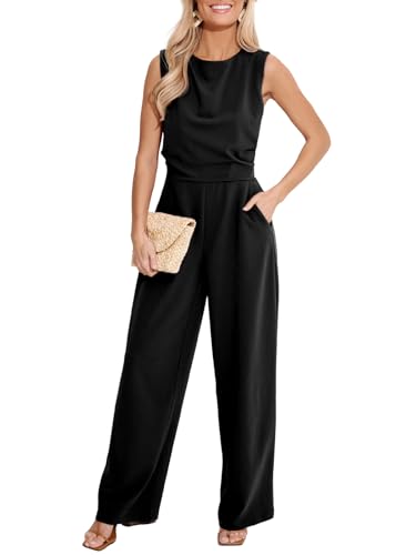CUPSHE Damen Jumpsuit Rundhals Ärmellos Overall Plissee Weite Beine Playsuit mit Taschen Elegant Hosenanzug von CUPSHE
