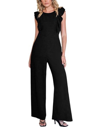 CUPSHE Damen Jumpsuit Rundhals Flatterärmel Overall Rückenfrei Weites Bein Lang Playsuit Elegant Büro Hosenanzug Schwarz XL von CUPSHE