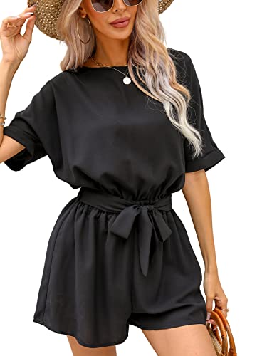 CUPSHE Damen Jumpsuit Rundhals Kurzarm Rückenschlitz Weites bein Kurz Romper mit Taillenschnürung Sommer Hosenanzug Playsuit Schwarz M von CUPSHE