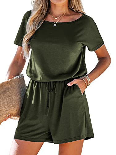 CUPSHE Damen Jumpsuit Rundhals Kurzarm Weites bein Tunnelzug Taschen Overall Sommer Kurz Romper Playsuit Dunkelgrün M von CUPSHE