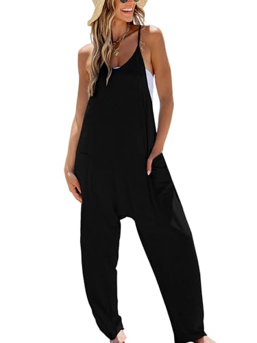 CUPSHE Damen Jumpsuit Rundhalsausschnitt Ärmellos Overall Tiefer Schritt Loses Bein Sommer Strand Playsuit mit Taschen von CUPSHE