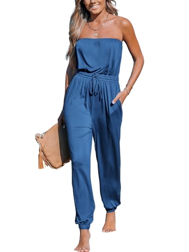 CUPSHE Damen Jumpsuit Strick Tube Ausschnitt Ärmellos Overall Konisches Bein Sommer Lose Playsuit Badenanzug Blau L von CUPSHE