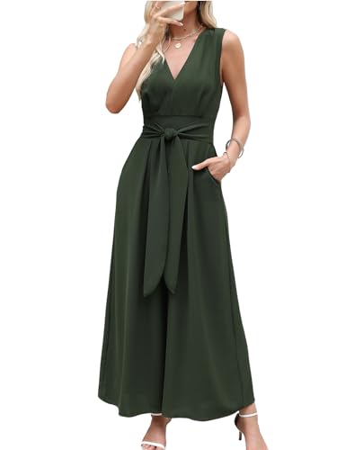 CUPSHE Damen Jumpsuit Tiefer V-Ausschnitt Ärmellos Overall Gesmokte Taille Weite Bein Sommer Elegant Playsuit mit Gürtel Dunkelgrün XL von CUPSHE