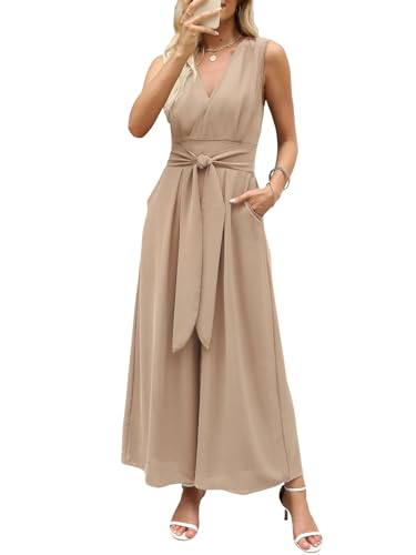 CUPSHE Damen Jumpsuit Tiefer V-Ausschnitt Ärmellos Overall Gesmokte Taille Weite Bein Sommer Elegant Playsuit mit Gürtel von CUPSHE