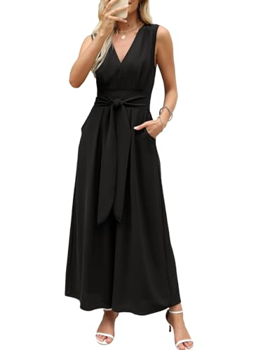 CUPSHE Damen Jumpsuit Tiefer V-Ausschnitt Ärmellos Overall Gesmokte Taille Weite Bein Sommer Elegant Playsuit mit Gürtel von CUPSHE
