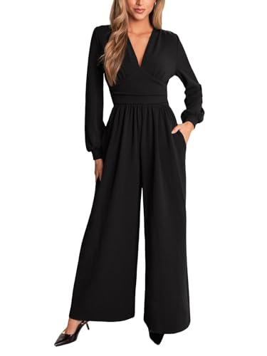 CUPSHE Damen Jumpsuit Tiefer V-Ausschnitt Overall Lange Puffärmel Weites Bein Playsuit Elegant Lässig Büro Hosenanzug Schwarz L von CUPSHE