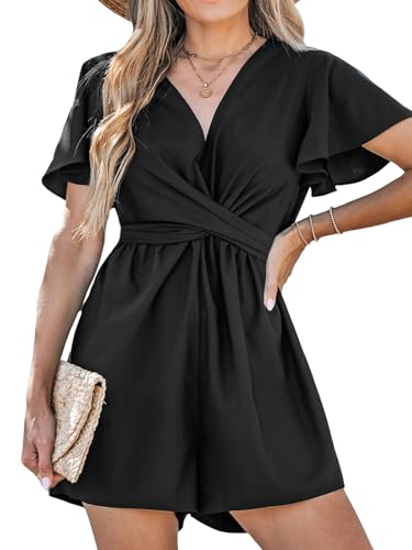 CUPSHE Damen Jumpsuit Tiefer V-Ausschnitt Strampler Kurze Flatterärmel Weite Beine Geknoteter Overall Sommer Strand Playsuit Schwarz XL von CUPSHE