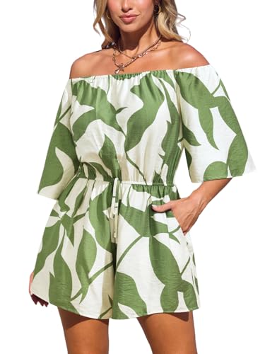 CUPSHE Damen Jumpsuit Tropisch Schulterfrei Strampler Halbarm Weite Beine Overall mit Gürtel Sommer Strand Playsuit von CUPSHE