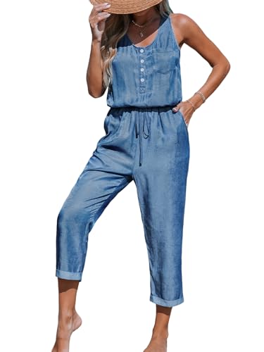 CUPSHE Damen Jumpsuit U-Ausschnitt Ärmellos Knopfleiste Overall Sommer Casual Lose Playsuit Haremshose mit Taschen Blau L CUPSHE Damen Jumpsuit U-Ausschnitt Ärmellos Knopfleiste Overall Sommer Casual Lose Playsuit Haremshose mit Taschen Blau L von CUPSHE