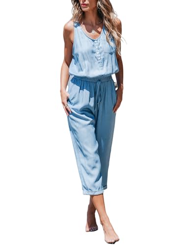 CUPSHE Damen Jumpsuit U-Ausschnitt Ärmellos Knopfleiste Overall Sommer Casual Lose Playsuit Haremshose mit Taschen Hellblau S von CUPSHE