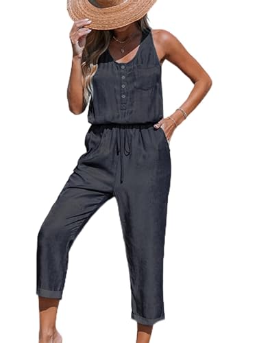 CUPSHE Damen Jumpsuit U-Ausschnitt Ärmellos Knopfleiste Overall Sommer Casual Lose Playsuit Haremshose mit Taschen Schwarz L von CUPSHE