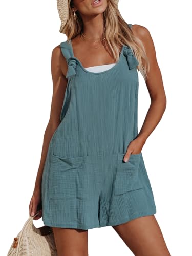 CUPSHE Damen Jumpsuit U-Ausschnitt Ärmellos Strampler Weites Bein Taschen Vorne Kurz Overall Sommer Strand Lose Hosenanzug Blau S von CUPSHE