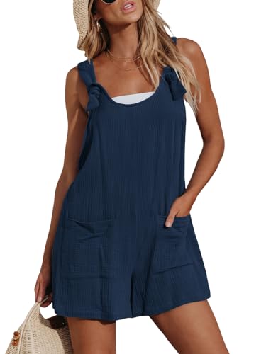 CUPSHE Damen Jumpsuit U-Ausschnitt Ärmellos Strampler Weites Bein Taschen Vorne Kurz Overall Sommer Strand Lose Hosenanzug Dunkelblau M von CUPSHE
