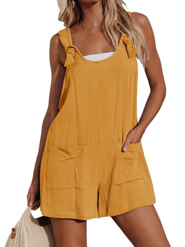 CUPSHE Damen Jumpsuit U-Ausschnitt Ärmellos Strampler Weites Bein Taschen Vorne Kurz Overall Sommer Strand Lose Hosenanzug Gelb M von CUPSHE