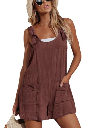 CUPSHE Damen Jumpsuit U-Ausschnitt Ärmellos Strampler Weites Bein Taschen Vorne Kurz Overall Sommer Strand Lose Hosenanzug Rotbraun M von CUPSHE