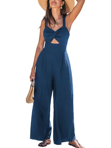 CUPSHE Damen Jumpsuit V-Ausschnitt Ärmellos Cutout Vorne Twist Weites Bein Sommer Elegant Overall Blau M von CUPSHE