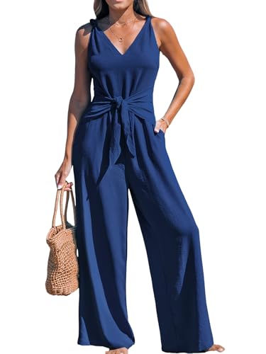 CUPSHE Damen Jumpsuit V-Ausschnitt Ärmellos Overall Weites Bein Strampler Knotenträger Playsuit Sommer Strand Hosenanzug Marineblau S von CUPSHE
