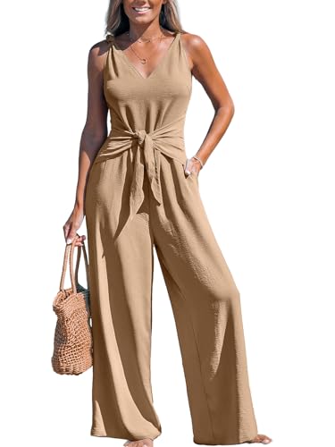 CUPSHE Damen Jumpsuit V-Ausschnitt Ärmellos Overall Weites Bein Strampler Knotenträger Playsuit Sommer Strand Hosenanzug Schwarz L von CUPSHE