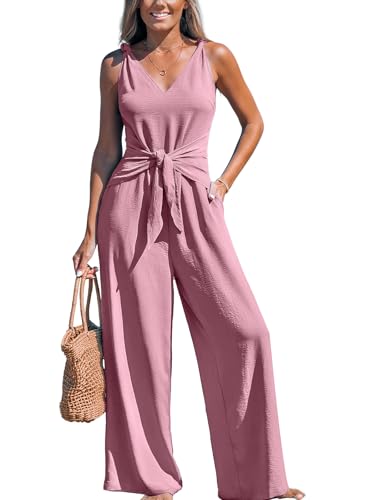 CUPSHE Damen Jumpsuit V-Ausschnitt Ärmellos Overall Weites Bein Strampler Knotenträger Playsuit Sommer Strand Hosenanzug Schwarz M von CUPSHE