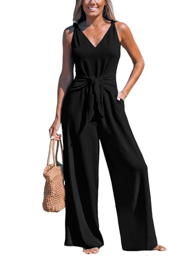 CUPSHE Damen Jumpsuit V-Ausschnitt Ärmellos Overall Weites Bein Strampler Knotenträger Playsuit Sommer Strand Hosenanzug Schwarz XL von CUPSHE