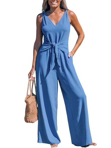 CUPSHE Damen Jumpsuit V-Ausschnitt Ärmellos Overall Weites Bein Strampler Knotenträger Playsuit Sommer Strand Hosenanzug von CUPSHE