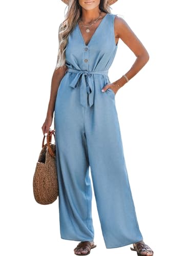 CUPSHE Damen Jumpsuit V-Ausschnitt Ärmellos Overalls Knopfleiste mit Gürtel Weites Bein Sommer Lose Playsuit Hosenanzug Blau XS von CUPSHE