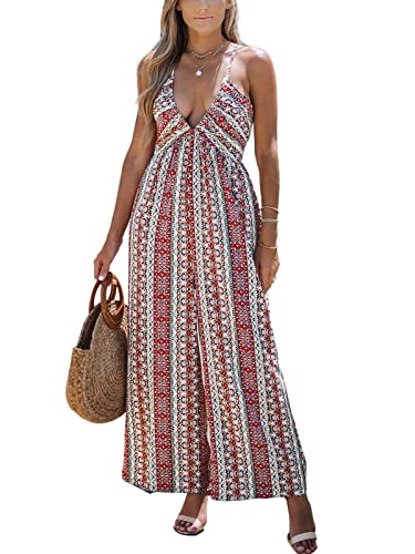 CUPSHE Damen Jumpsuit V Ausschnitt Ärmellos Rückenfrei Weites bein Romper Overall Sommer Paisley Print Chiffon Hosenanzug Playsuit Rot L von CUPSHE