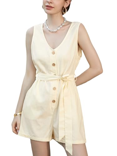 CUPSHE Damen Jumpsuit V-Ausschnitt Ärmellos Strampler Gürtel Weites Bein Sommer Kurz Hosenanzug mit Taschen Beige M von CUPSHE