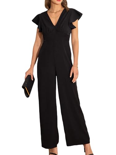 CUPSHE Damen Jumpsuit V-Ausschnitt Flatterärmel Overall Lang Weites Bein Elegant Playsuit mit Reißverschluss Sommer Hosenanzug Schwarz S von CUPSHE