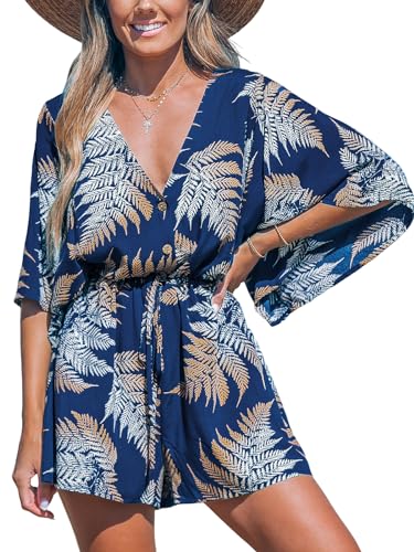 CUPSHE Damen Jumpsuit V-Ausschnitt Kurzarm Strampler Knöpfe Tropischer Druck Weites Bein Kurz Overall mit Gürtel Casual Lose Playsuit Dunkelblau L von CUPSHE