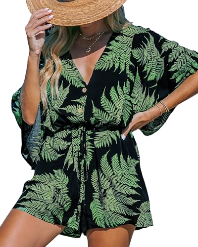 CUPSHE Damen Jumpsuit V-Ausschnitt Kurzarm Strampler Knöpfe Tropischer Druck Weites Bein Kurz Overall mit Gürtel Casual Lose Playsuit von CUPSHE