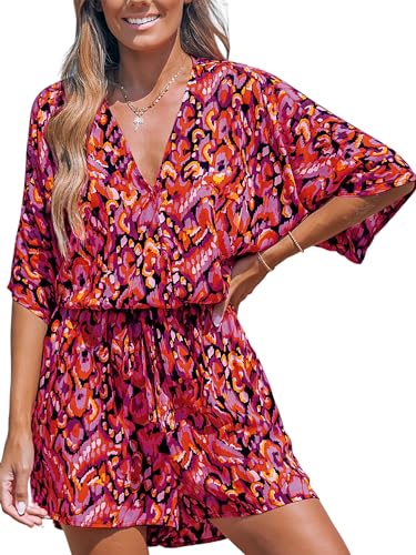 CUPSHE Damen Jumpsuit V-Ausschnitt Kurzarm Strampler Leopardenmuster Weites Bein Kurz Overall mit Gürtel Casual Lose Playsuit Rot/Ausflug M von CUPSHE