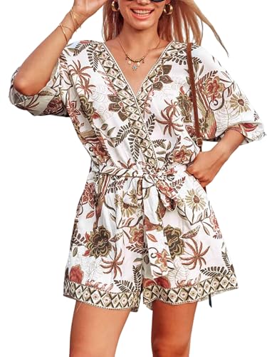 CUPSHE Damen Jumpsuit V-Ausschnitt Kurzarm Strampler Paisley Weites Bein Kurz Overall mit Gürtel Casual Lose Playsuit Brauner Druck S von CUPSHE