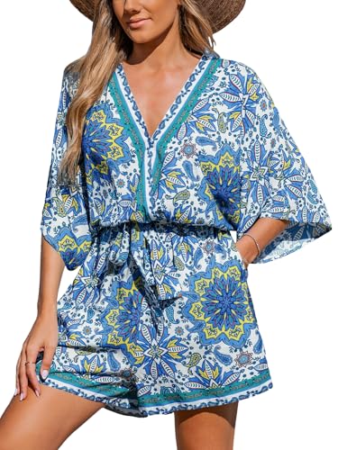 CUPSHE Damen Jumpsuit V-Ausschnitt Kurzarm Strampler Paisley Weites Bein Kurz Overall mit Gürtel Casual Lose Playsuit von CUPSHE