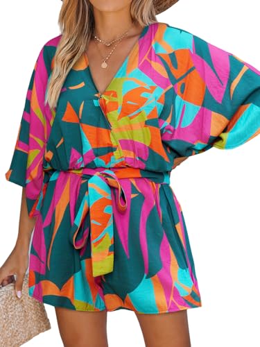CUPSHE Damen Jumpsuit V-Ausschnitt Kurzarm Strampler Paisley Weites Bein Kurz Overall mit Gürtel Casual Lose Playsuit von CUPSHE