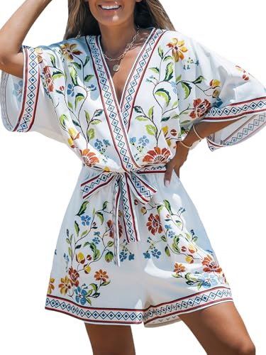 CUPSHE Damen Jumpsuit V-Ausschnitt Kurzarm Strampler Paisley Weites Bein Kurz Overall mit Gürtel Casual Lose Playsuit von CUPSHE