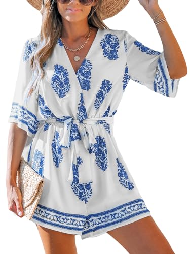 CUPSHE Damen Jumpsuit V-Ausschnitt Kurzarm Strampler mit Gürtel Weites Bein Ethnischer Overall Elegant Lose Hosenanzug Weiß/Blau L von CUPSHE
