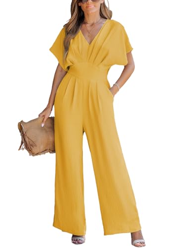 CUPSHE Damen Jumpsuit V-Ausschnitt Kurze Dolman-Ärmel Overall Weites Bein Strampler Lang Playsuit Sommer Elegant Hosenanzug Gelb M von CUPSHE