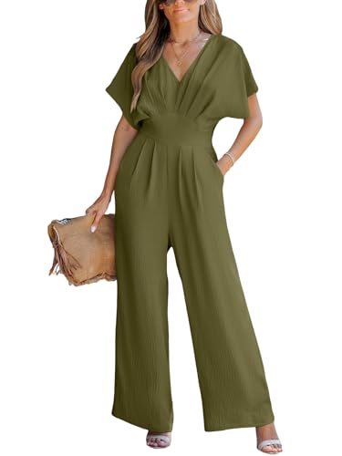 CUPSHE Damen Jumpsuit V-Ausschnitt Kurze Dolman-Ärmel Overall Weites Bein Strampler Lang Playsuit Sommer Elegant Hosenanzug Grün L von CUPSHE