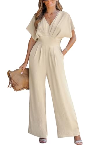 CUPSHE Damen Jumpsuit V-Ausschnitt Kurze Dolman-Ärmel Overall Weites Bein Strampler Lang Playsuit Sommer Elegant Hosenanzug Khaki L von CUPSHE