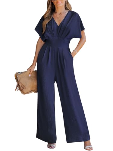 CUPSHE Damen Jumpsuit V-Ausschnitt Kurze Dolman-Ärmel Overall Weites Bein Strampler Lang Playsuit Sommer Elegant Hosenanzug Marineblau M von CUPSHE