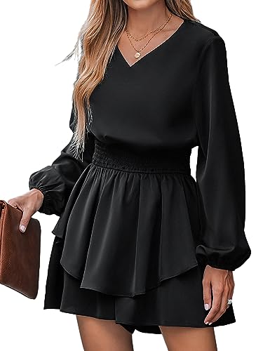 CUPSHE Damen Jumpsuit V Ausschnitt Langarm Gesmokte Taille Rückenschlitz Gestufter Rüschensaum Weites Bein Kurz Romper Playsuit Schwarz L von CUPSHE