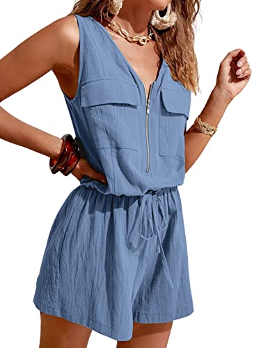 CUPSHE Damen Jumpsuit V Ausschnitt Reißverschluss Weites bein Overall mit Taschen Baumwolle Sommer Kurz Romper Playsuit Blau S von CUPSHE