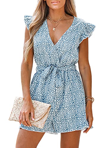 CUPSHE Damen Jumpsuit V-Ausschnitt Rüschen Strampler Leopard Flügelärmel Weites Bein Overall mit Gürtel Kurz Lose Hosenanzug Blau L von CUPSHE