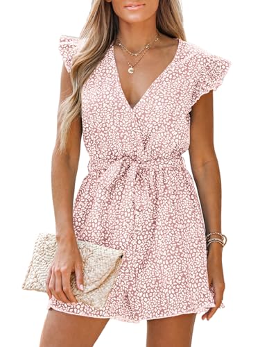 CUPSHE Damen Jumpsuit V-Ausschnitt Rüschen Strampler Leopard Flügelärmel Weites Bein Overall mit Gürtel Kurz Lose Hosenanzug Rosa S von CUPSHE