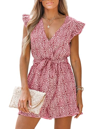 CUPSHE Damen Jumpsuit V-Ausschnitt Rüschen Strampler Leopard Flügelärmel Weites Bein Overall mit Gürtel Kurz Lose Hosenanzug Rot XL von CUPSHE