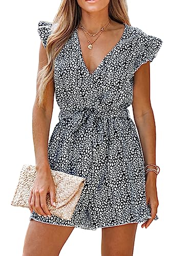CUPSHE Damen Jumpsuit V-Ausschnitt Rüschen Strampler Leopard Flügelärmel Weites Bein Overall mit Gürtel Kurz Lose Hosenanzug von CUPSHE