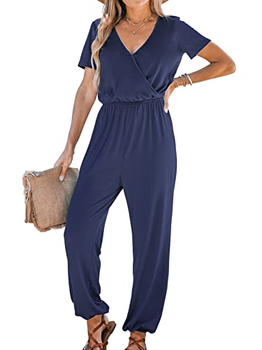 CUPSHE Damen Jumpsuit V Ausschnitt Wickeloptik Kurzarm Weites bein Sommer Lang Overall Romper Playsuit Navy Blau M von CUPSHE