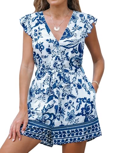 CUPSHE Damen Jumpsuit V-Ausschnitt Wickeloptik Strampler Flatterärmel Weites Bein Overall Sommer Kurz Lose Playsuit Blau Blumenmuster M von CUPSHE