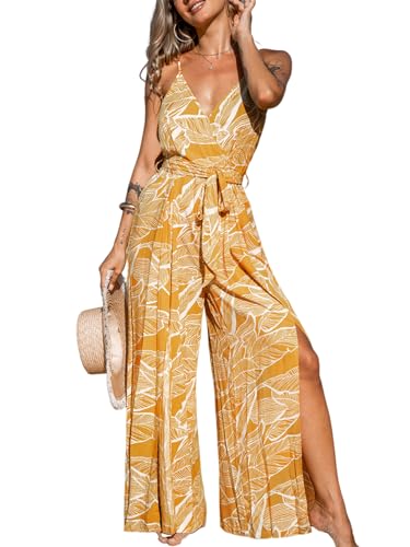 CUPSHE Damen Jumpsuit Wickeloptik V-Ausschnitt Ärmellos Tropisch Schlitz Vorne Weites Bein Lang Playsuit mit Gürtel Sommer Lose Overalls Hosenanzug Gelb XS von CUPSHE